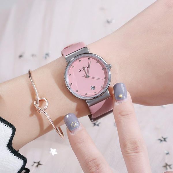 

wristwatches 2021 fashion guou brand dress leisure casual quartz women ladies gift simple leather watches luxury calendar clock, Slivery;brown