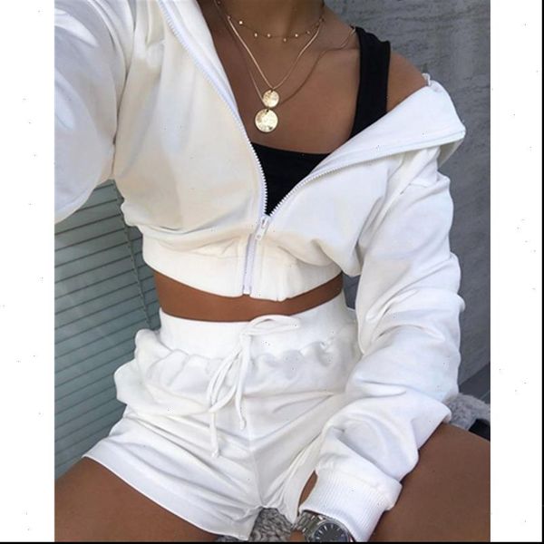 

2021 women set tracksuits 2pcs zipper hooded crop coats tee loose shorts womens wear new sports suit clothing suits female, Gray