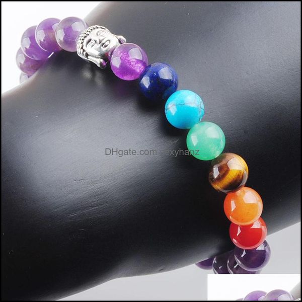 

beaded, wojiaer natural round stones amethyst buddha beaded strands bracelets meditation rainbow 7 chakra reiki beads men jewelry dk3229 dro, Black