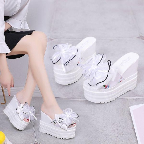 

slippers casual women's shoes with platform heeled mules slides on a wedge butterfly-knot luxury high summer pu butterfly-knot f, Black