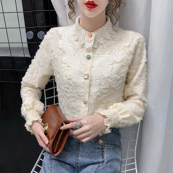 

women's blouses & shirts coigarsam lace shirt womens patchwork lantern sleeve upset women add wool paragraph 2768, White