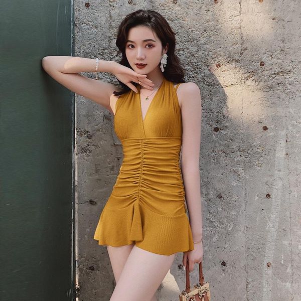 

one-piece suits one piece swimsuit solid female swimwear ladies slim swim suit woman backless v-neck drop