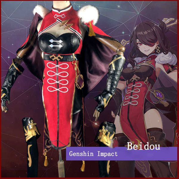 Traje de cosplay de genshin Impacto BEIDOU FASE MULHERM MULHER REL RED Costume Halloween Dress Dress Pants Glove Beidou Wigs Role Play Y0903