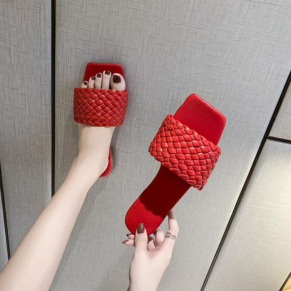 

women's fashion woven slippers square head flat bottom comfortable casual shoes women's non slip summer slippers beach sandals, Black