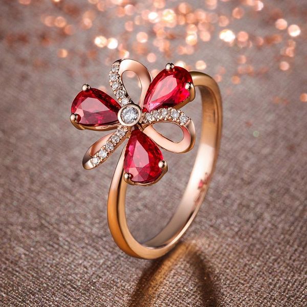 

cluster rings 14k rose gold natural red ruby ring for women flower shape zircon diamond wedding engagement crystal with fine jewelry box, Golden;silver