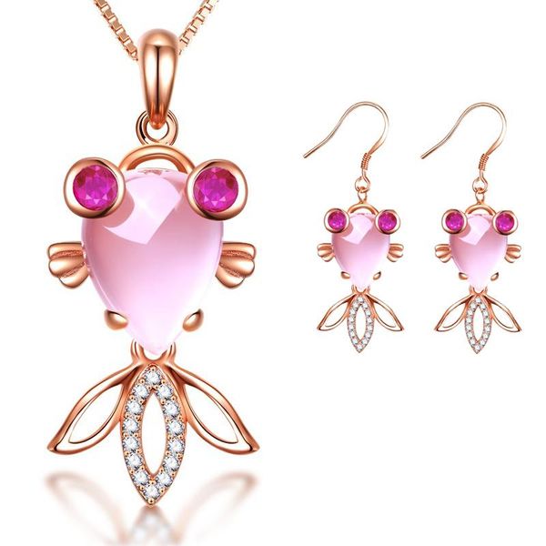 

earrings & necklace ociki rose gold color fish cz crystal ross quartz pink opal and jewelry set for women girls drop, Silver