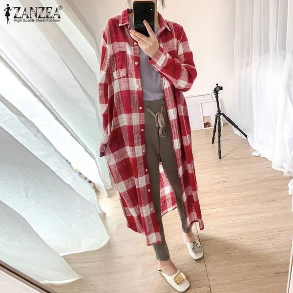 

women's blouses & shirts female clothing check shirt thin vestido vintage lapel button tunic oversized women autumn long sleeve coat, White
