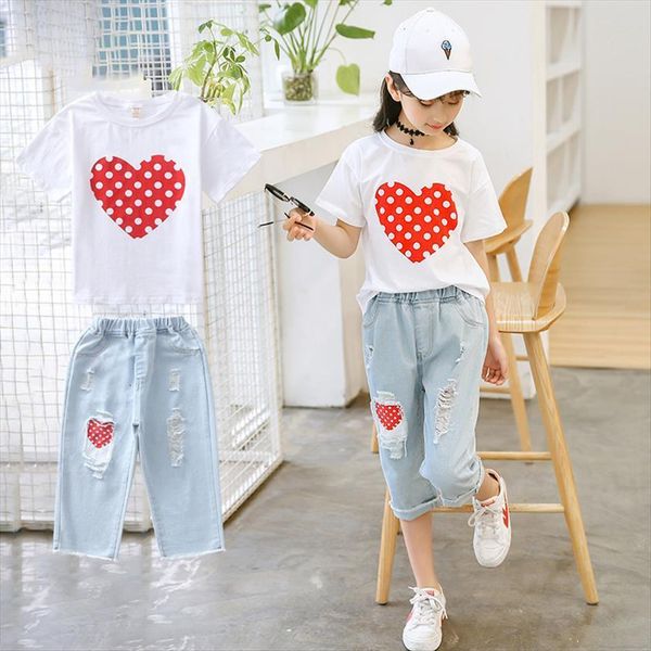

kids summer clothes set for girl white t shirt and ripped jeans children outfits 6 8 10 12 years girls