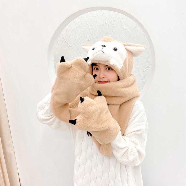 

scarf hat glov autumn and winter thickened warm plush cartoon little fashion versatile travel scarf, Blue;gray