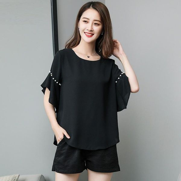 

women's blouses & shirts 2021summer fashion ladies beaded chiffon shirt flare sleeves female casual blouse plus size xl-xxxxxl 5xl, White