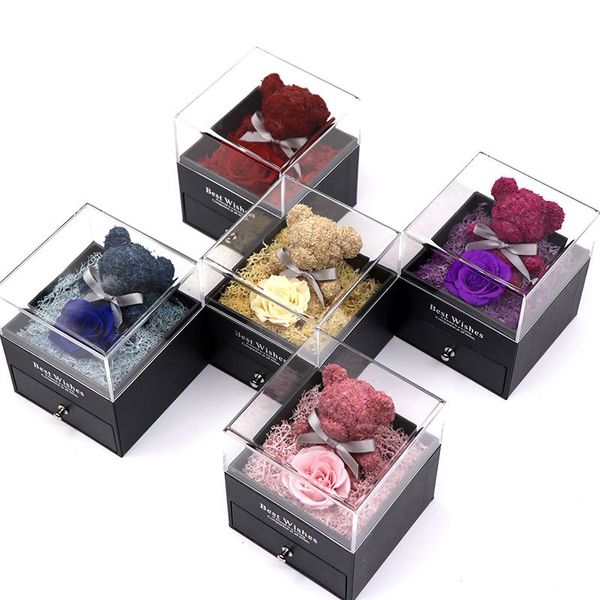 Scatole per gioielli di design alla moda Ladies Simple Unfade Fiori secchi Bordo Rose Ring Box Matrimonio donna Regalo per San Valentino 9 * 9 * 10 cm