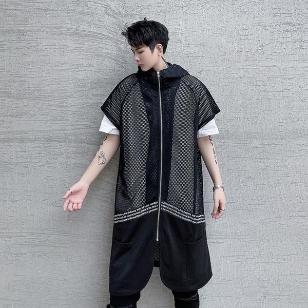 

men's vests breathable mesh long vest mens harajuku hip hop punk short sleeve hooded jacket vintage waistcoat gilet homme, Black;white