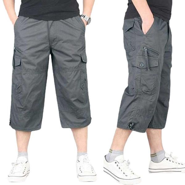 

men's shorts cotton cargo overalls military long length breeches short pants summer casual multi pocket male cropped, White;black