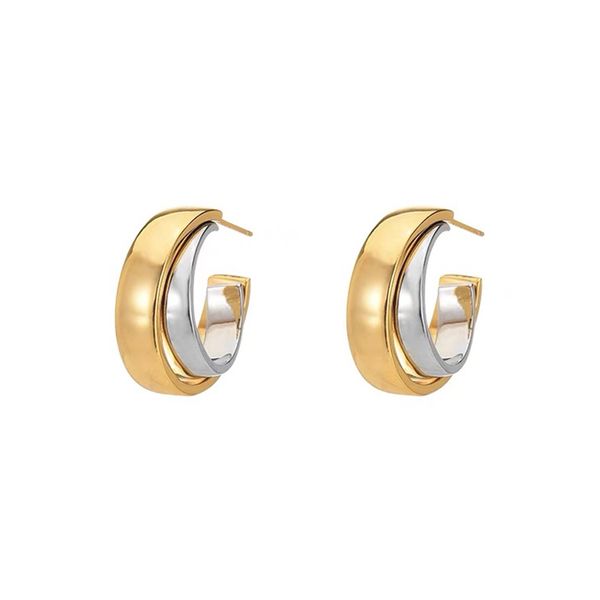 

gold and silver contrast stud double hoop earrings sliding design niche personality fashion trend all-match jewelry, Golden;silver