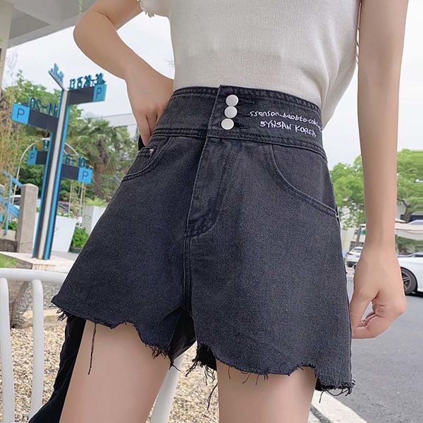 

2021 new summer women button wide leg blue denim streetwear high waist embroidery letter print hole jeans shorts idxp, White;black