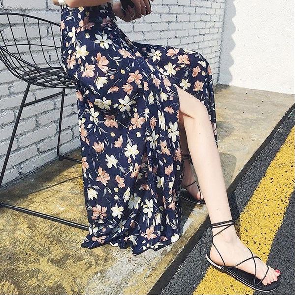 

2021 summer bohemian new one piece skirt lace high waist chiffon printed split mid length wrap skirt holiday skirt, Black