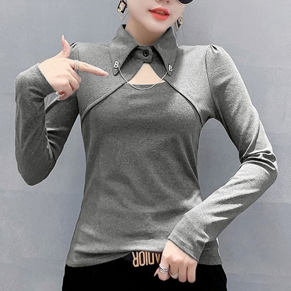 

2021 new fall winter european clothes t-shirt chic hollow out turndown collar cotton women with fleece all match tees t0d417a ohlt, White
