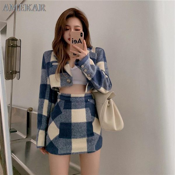 

two piece dress 2021 sweet short plaid blazer suit set summer women woollen casual office girl chic cute high waist skirt suits, White