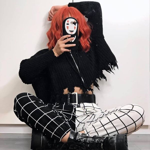

women checkerboard plaid elasticity cargo pants 2021 spring goth female streetwear patchwork high waist long pants, Black;white