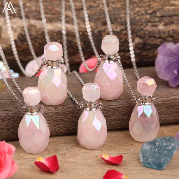 

chains fashion women titanium rainbow aura pink roses quartz perfume bottle essential oil duffuser pendant necklace for jewelry1, Silver