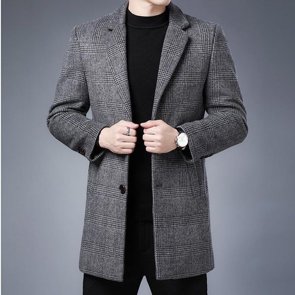 

men's wool & blends 2021 woolen coat medium length plaid windbreaker wear slim fit and versatile woollen for men, Black