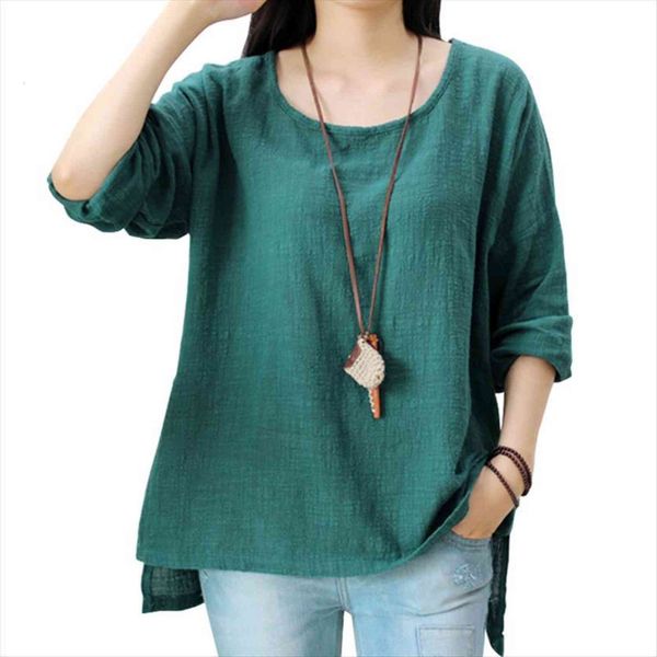 

loose cotton linen o neck women t shirt spring vintage long sleeve 5 colours casual, White