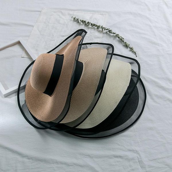 

wide brim hats summer big net yarn breathable foldable ladies holiday hat uv protection foreign travel sunshade, Blue;gray