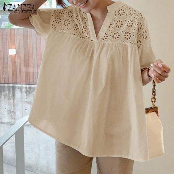

women's blouses & shirts 2022 summer loose short sleeve tunic womens vintage v neck blusa fashion casual ruffle blouse elegant lace p, White