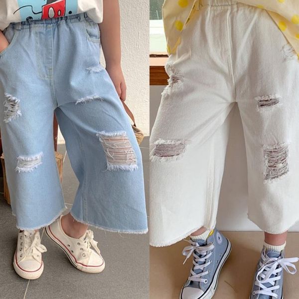 

jeans girls ripped children kids broken hole pants white color children's fashion wide-leg denim trousers, Blue
