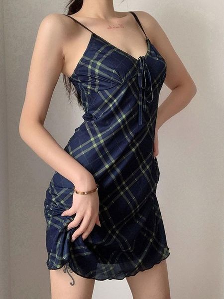 

casual dresses 2021 spring autumn blue plaid gauze woman dress v neck skinny camisole female vacation mini a-line, Black;gray