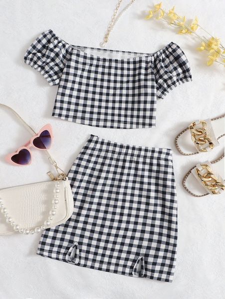 

off the shoulder gingham print puff sleeve crop & slit hem skirt m1js#, White