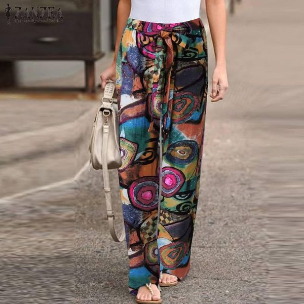 

women's pants & capris vintage printed spring trousers zanzea 2021 casual drawstring long pantalon palazzo female elastic waist turnip, Black;white
