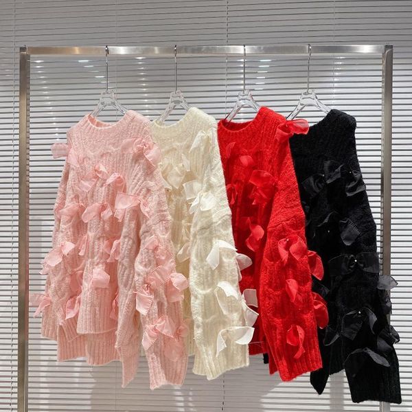 

new christmas sweater fashion ladies mesh bow rhinestone loose knitted pullover red sweater women casual jumpers, White;black
