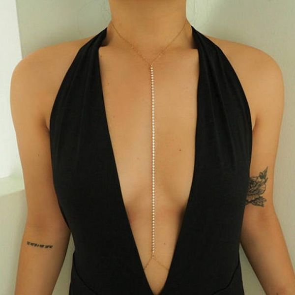 Andere Damen Sexy Glänzende Strass Körperketten Damen Kupferlegierung Brustkette Bikini Schmuck Halskette XR736