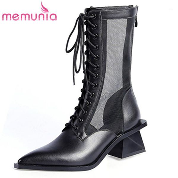 

boots memunia 2021 est ankle women genuine leather shoes pointed toe lace up street style summer woman casual1, Black