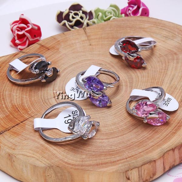 

wedding rings yingwu stylish 10pcs female silver-plated double teardrop cubic zircons ring for women girls, Slivery;golden
