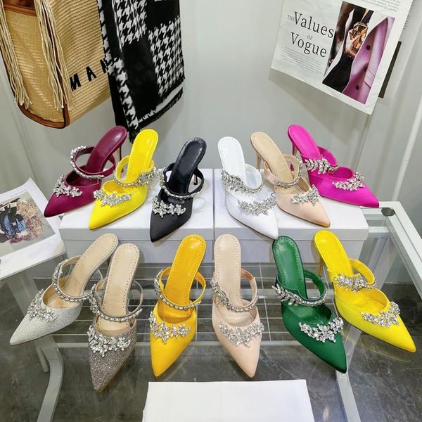 

dress shoes casual designer lady women genuine leather crystal strass pointy toe high heels mulers stripper zapatos mujer, Black