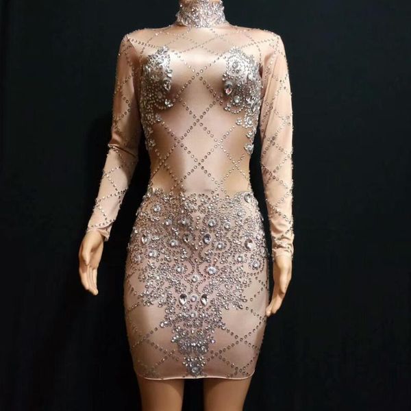 

casual dresses sparkly crystal mini dress women birthday rhinestones stage costume prom celebrate bling bodycon evening event outfits, Black;gray