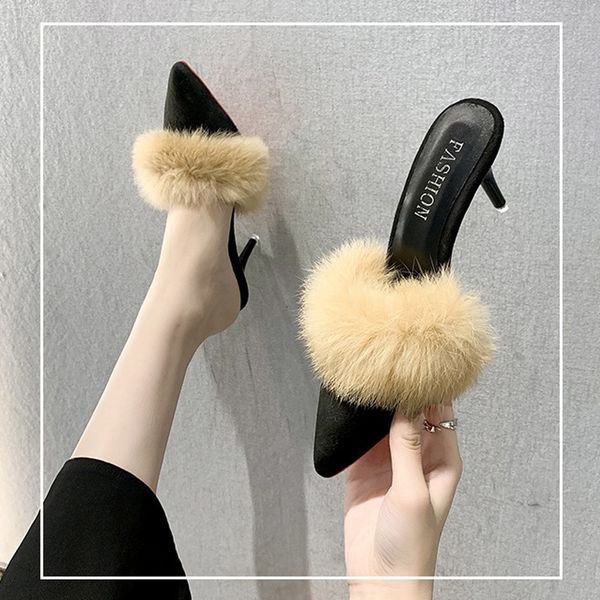

2021 new women's pumps ffy ladies slippers high heels flock stiletto fashion shoes slip on pointed toe comfort woman footwear j8wz wwb7, Black