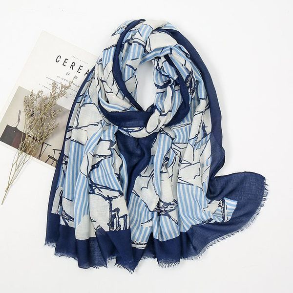 

scarves fashion flower striped line tassel cotton scarf women print shawls and wraps stole muslim hijab snood 1pc, Blue;gray