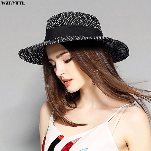 

2021 new classical sun for women black white net wide brim boater flat paper straw hat summer beach cap ladies kentucky derby 5w0z, Blue;gray