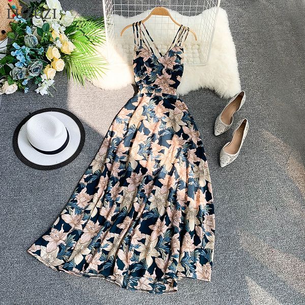 

2021 new women v-neck backless summer floral print vintage maxi es female boho party vestido dwdw, Black;gray