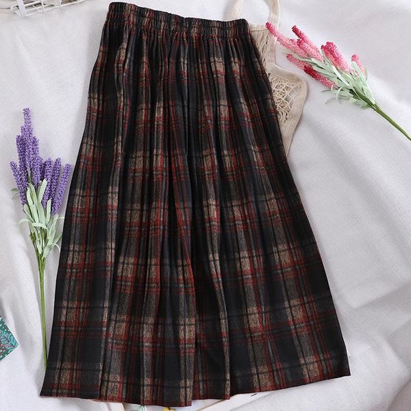 

skirts sweet skirt harajuku leisure vintage chic elastic waist thick woolen retro ladies women plaid autumn pleated, Black