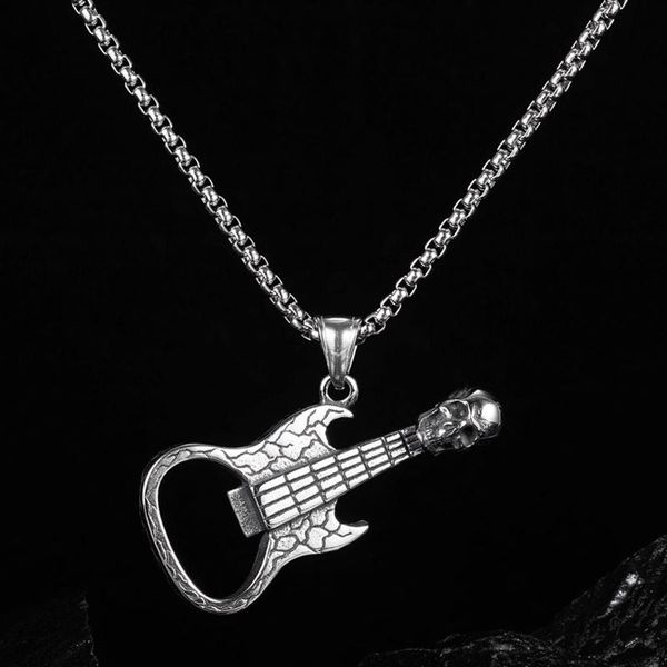 

pendant necklaces personality necklace punk stainless steel skull guitar corkscrew neck chain vintage gothic accessories hip hop jewelry, Silver