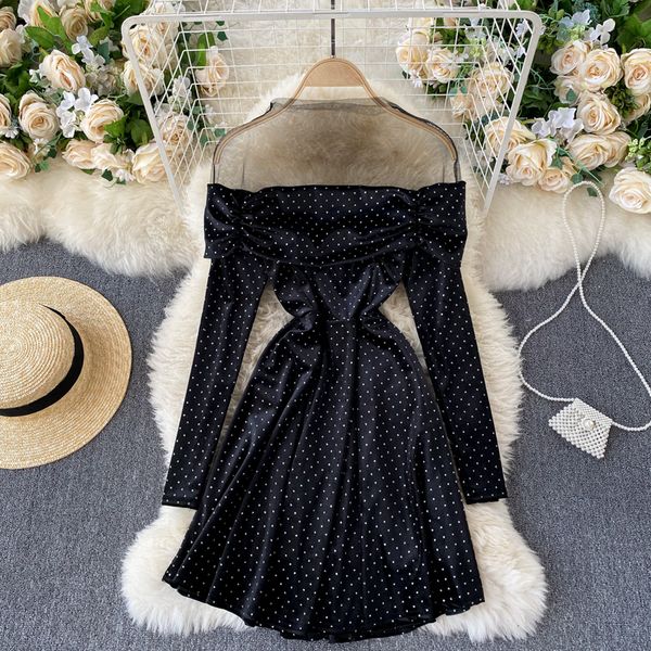 

2021 women mesh polka dot mini elegant black long sleeve high waist slim party vestidos spring autumn fashion 1euo, Black;gray
