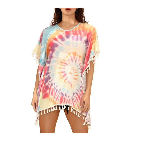 

women's swimwear 2021 tie dye beach cape women knitted fringe bikini outer blouse short sleeve o-neck bohemian ponchos and capes, White;black