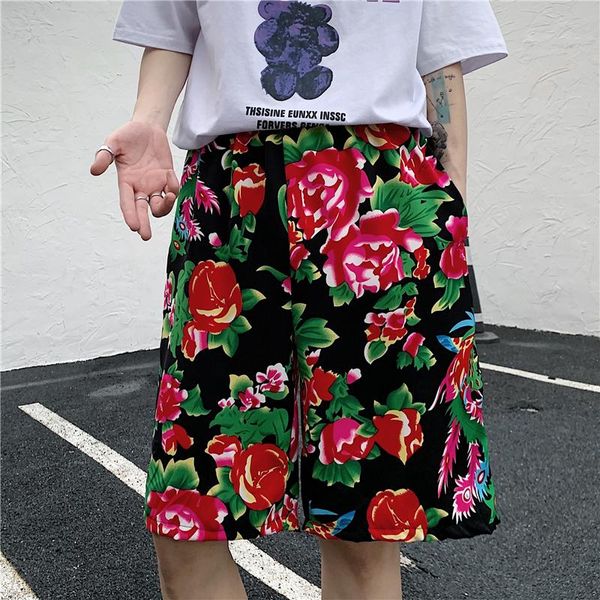 

women's pants & capris flower street style clothing wide leg elastic waist high peony printing five-point, Black;white