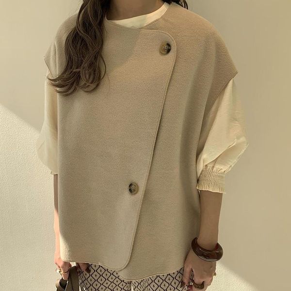 

women's vests floy fashion spring irregular front buttons wool women elegant solid o neck coats shrug casual loose ladies, Black;white