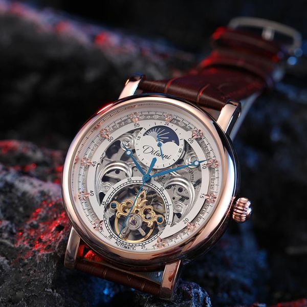 

wristwatches luxury skeleton watches mechanical automatic watch men tourbillon sport clock casual business moon wrist relojes hombre, Slivery;brown