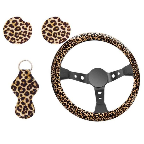 

steering wheel covers car accessories interior decoration cover set waterproof anti-skid leopard print protector with keychain